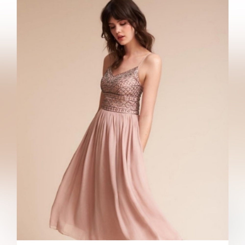 BHLDN Dusty Rose Embroidered Bodice Spaghetti Strap Midi Dress